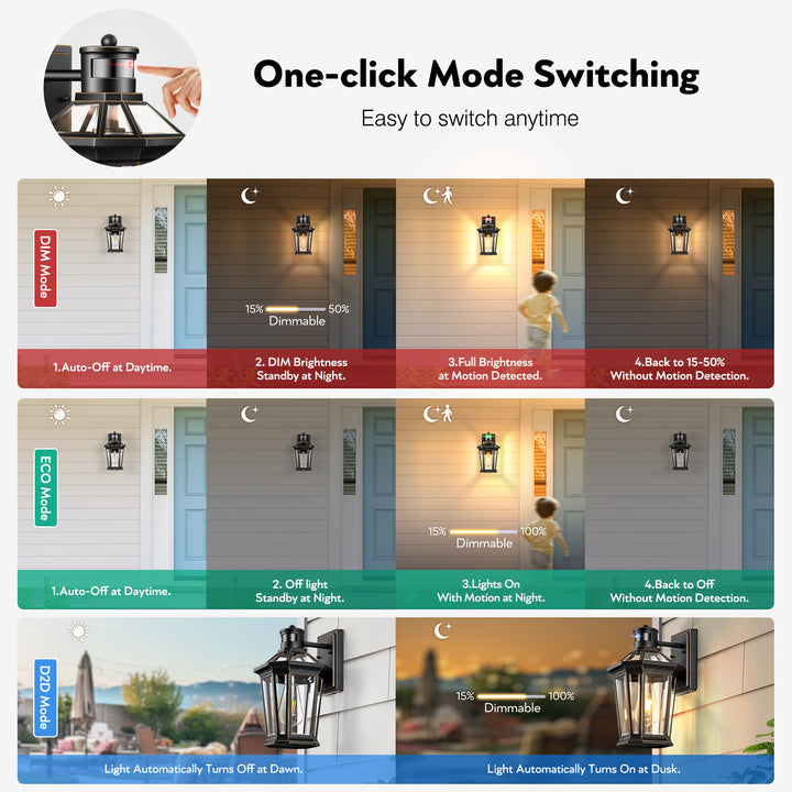 VIANIS Black Outdoor Wall Sconce with Motion Sensor and Clear Glass Shade