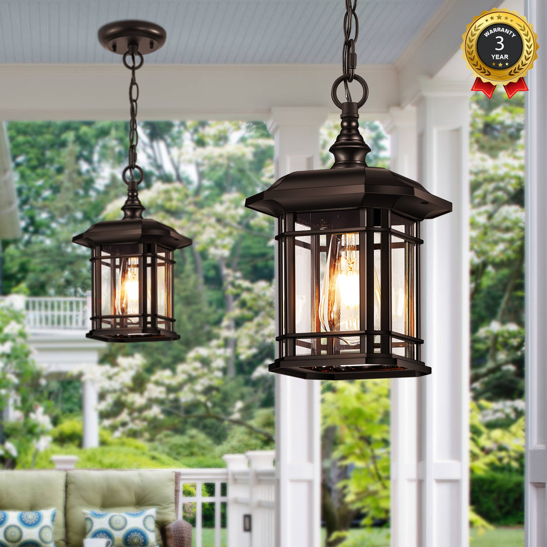 VIANIS Black Outdoor Pendant Light with Seeded Glass Shade