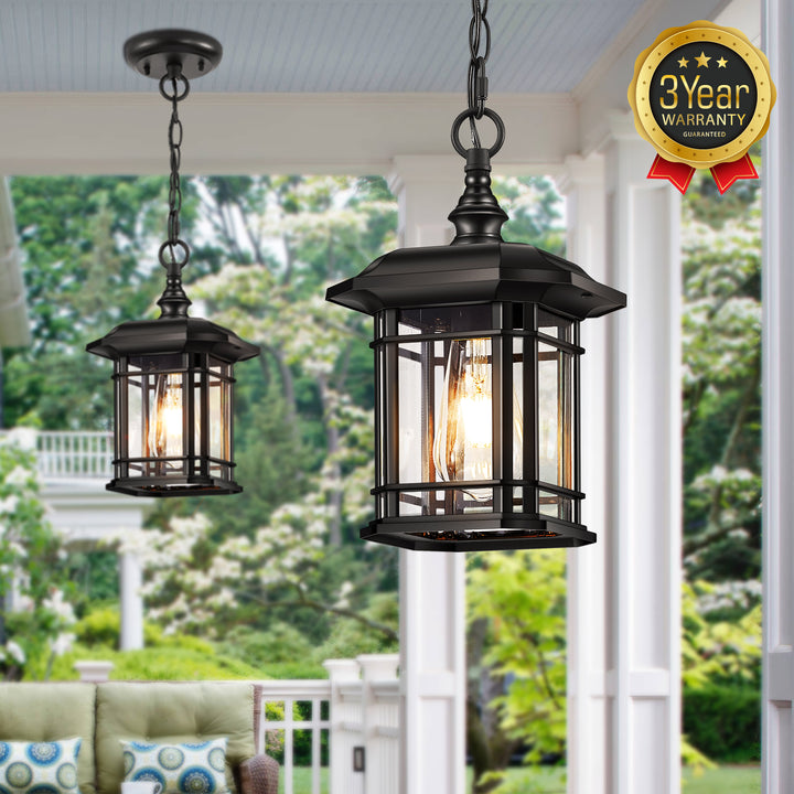 VIANIS Black Outdoor Pendant Light with Seeded Glass Shade