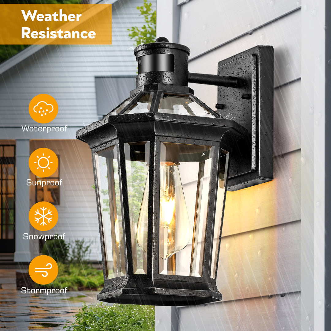 VIANIS Black Outdoor Wall Sconce with Motion Sensor and Clear Glass Shade