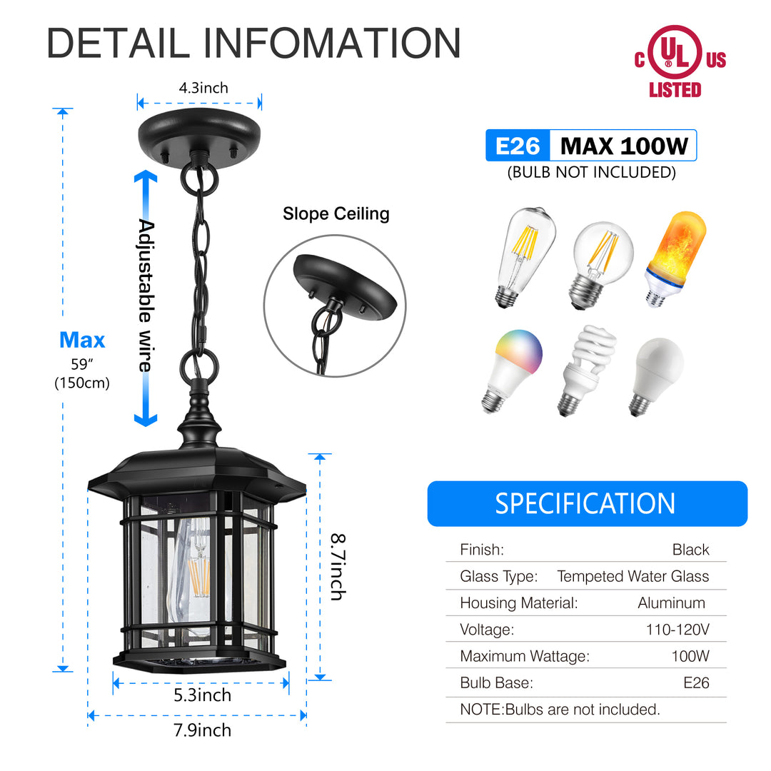 VIANIS Black Outdoor Pendant Light with Seeded Glass Shade