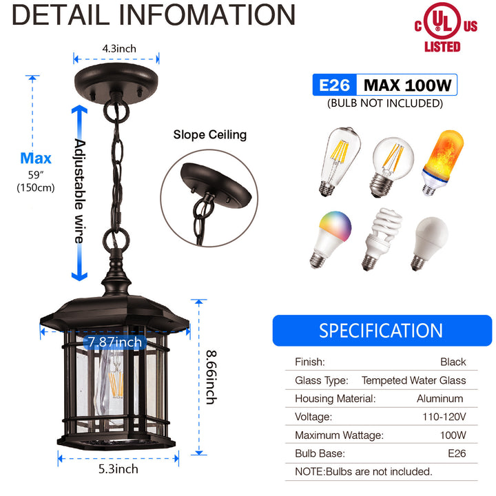 VIANIS Black Outdoor Pendant Light with Seeded Glass Shade