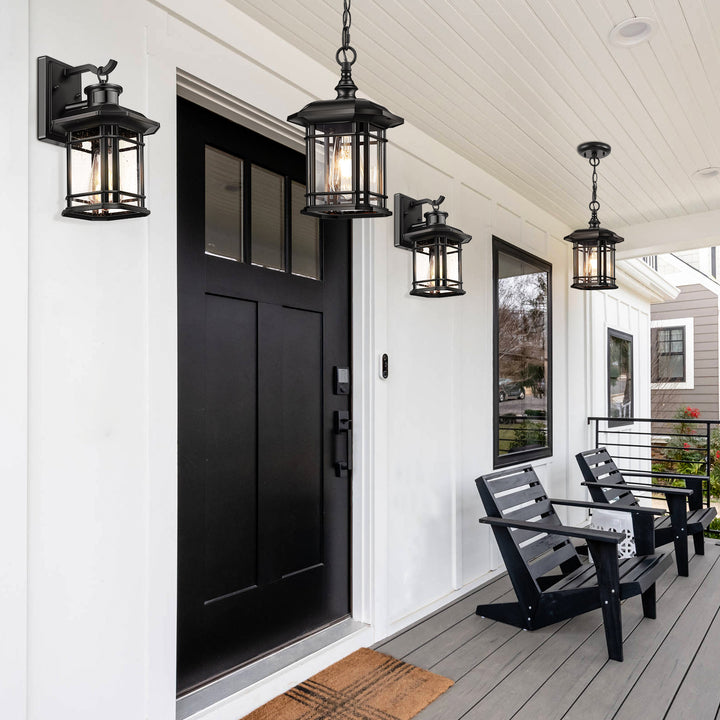 VIANIS Black Outdoor Pendant Light with Seeded Glass Shade