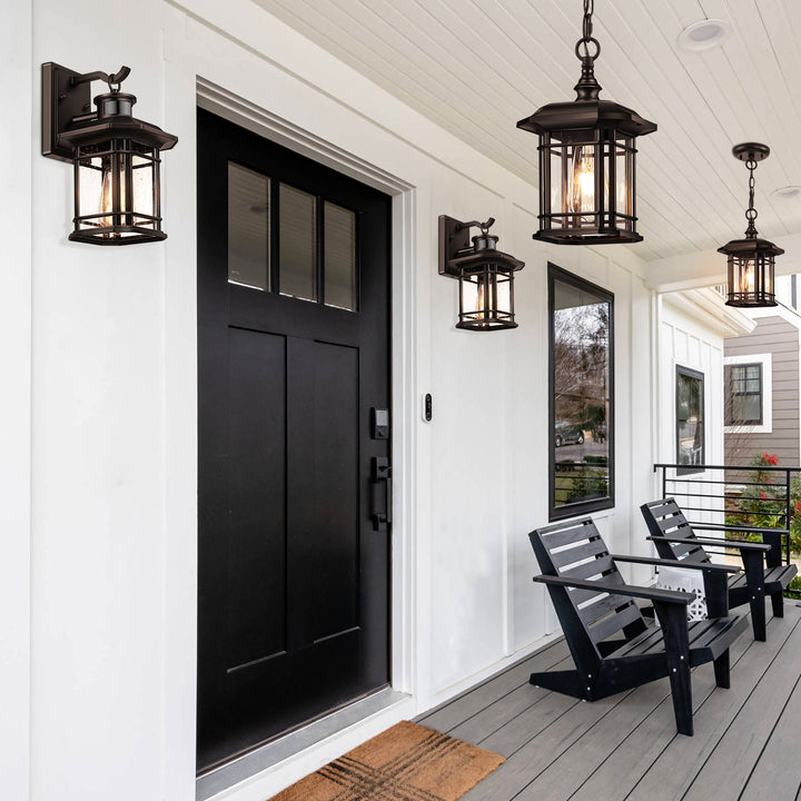 VIANIS Black Outdoor Pendant Light with Seeded Glass Shade