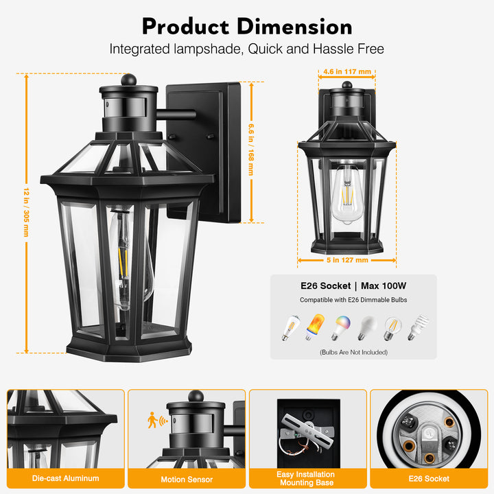VIANIS Black Outdoor Wall Sconce with Motion Sensor and Clear Glass Shade