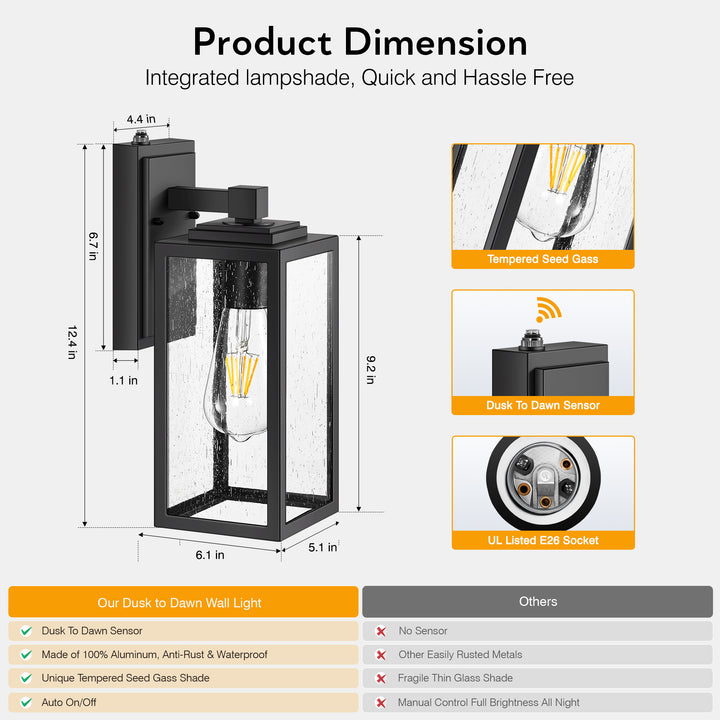 VIANIS Modern Black Dusk to Dawn Outdoor Wall Lantern