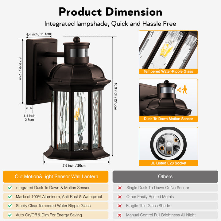 VIANIS Dusk to Dawn Motion Sensor Outdoor Porch Lights With Tempered Ripple Glass For Garage