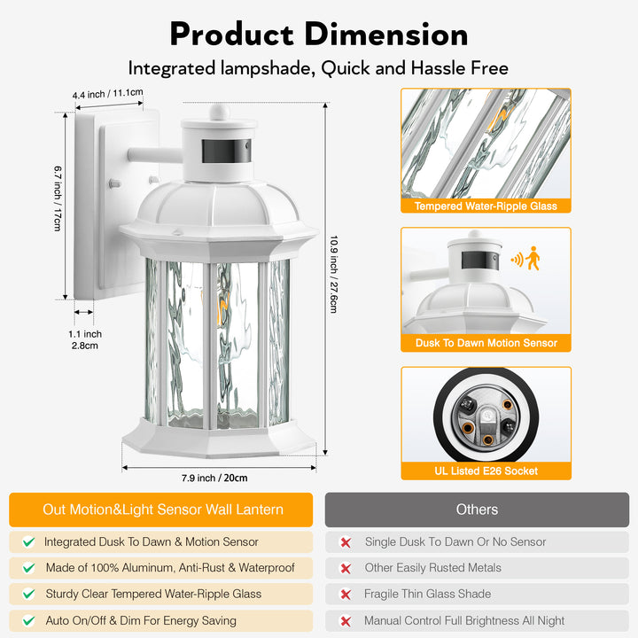VIANIS Dusk to Dawn Motion Sensor Outdoor Porch Lights With Tempered Ripple Glass For Garage