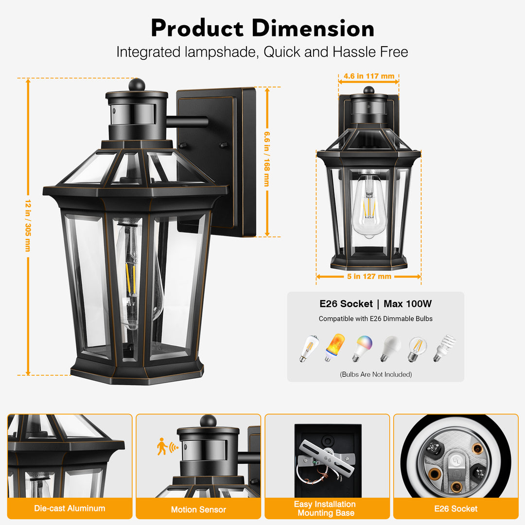 VIANIS Black Outdoor Wall Sconce with Motion Sensor and Clear Glass Shade