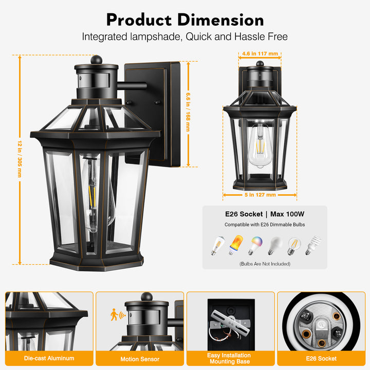VIANIS Black Outdoor Wall Sconce with Motion Sensor and Clear Glass Shade