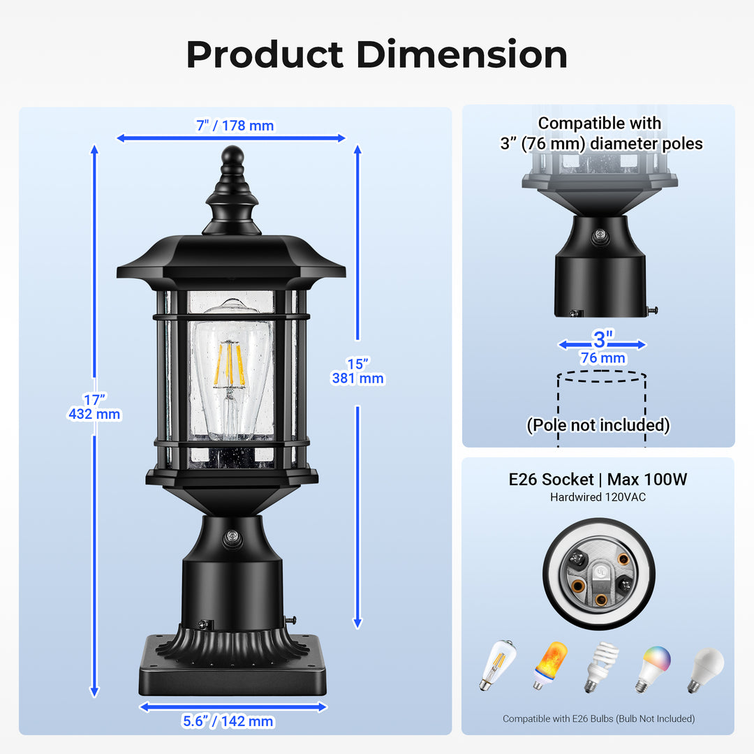 VIANIS Hardwired Outdoor Lamp Post Lantern with Pier Mount Base