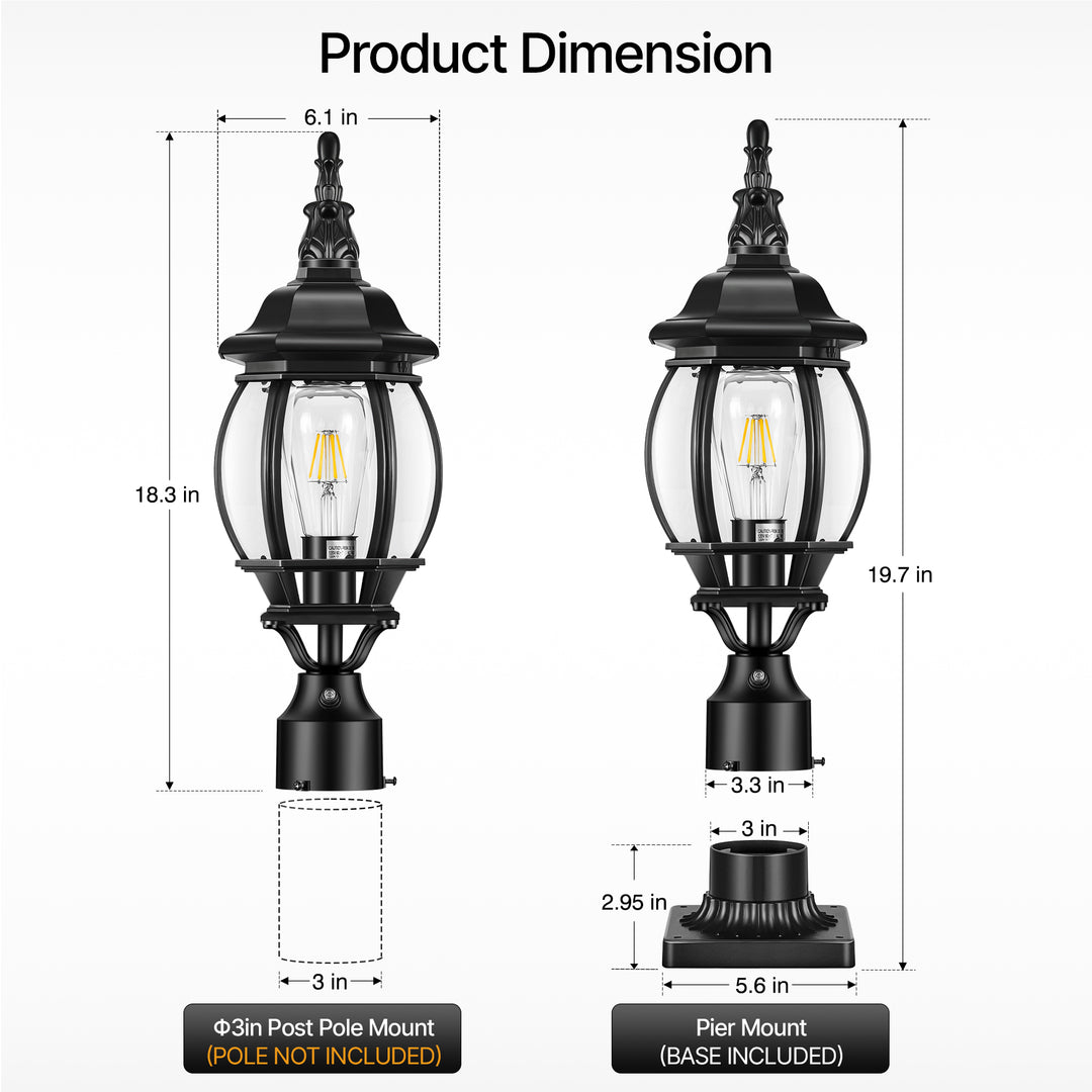VIANIS Black Dusk to Dawn Outdoor Lamp Post Light Fixture with Pier Mount Base