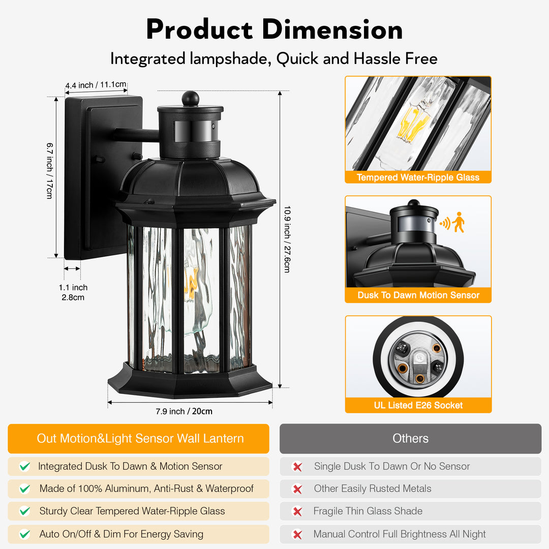 VIANIS Dusk to Dawn Motion Sensor Outdoor Porch Lights With Tempered Ripple Glass For Garage