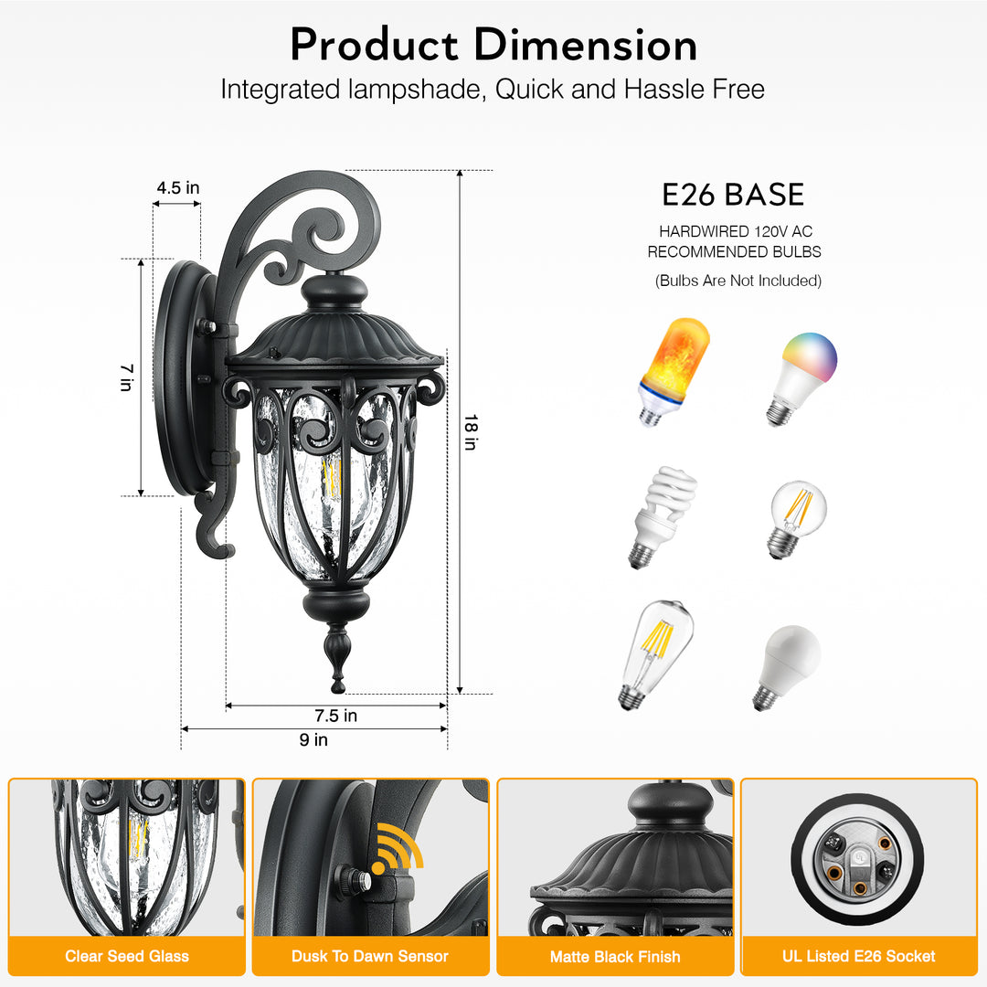 VIANIS Porch Lights Outdoor Dusk to Dawn,  Waterproof Outdoor Light Fixture with Seed Glass