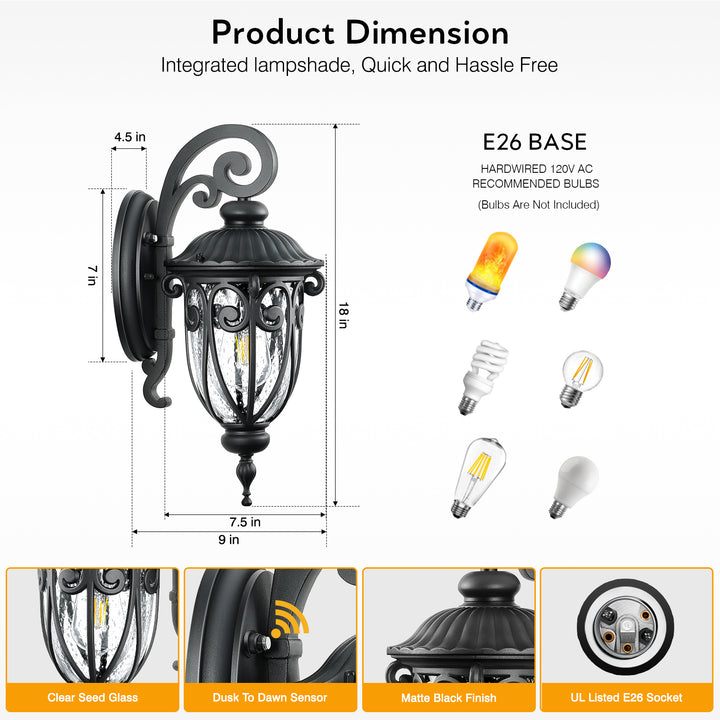 VIANIS Porch Lights Outdoor Dusk to Dawn,  Waterproof Outdoor Light Fixture with Seed Glass