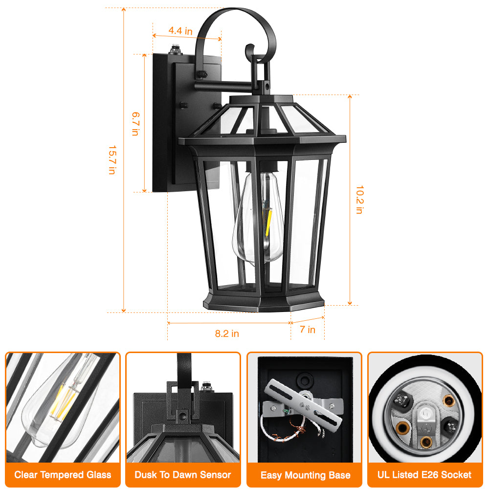 VIANIS Black Aluminum Dusk to Dawn Outdoor Coach Light