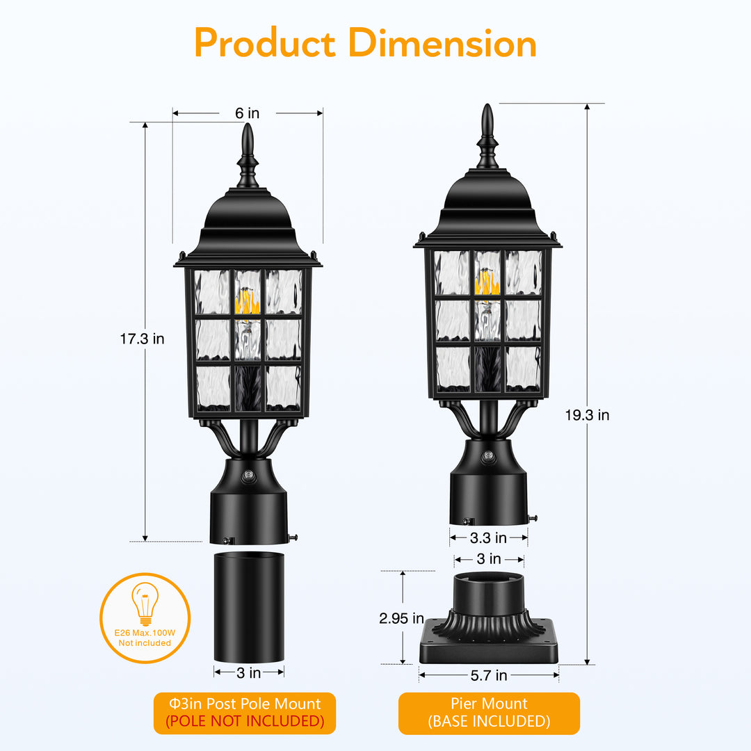 VIANIS Modern Black Outdoor Post Light with Mount Base