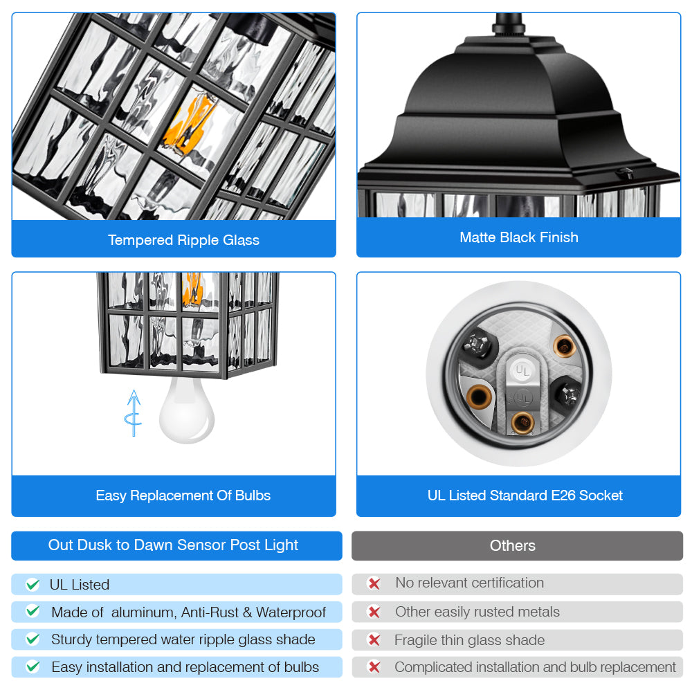 VIANIS Outdoor Pendant Lights with Tempered Ripple Glass for Porch, Garage