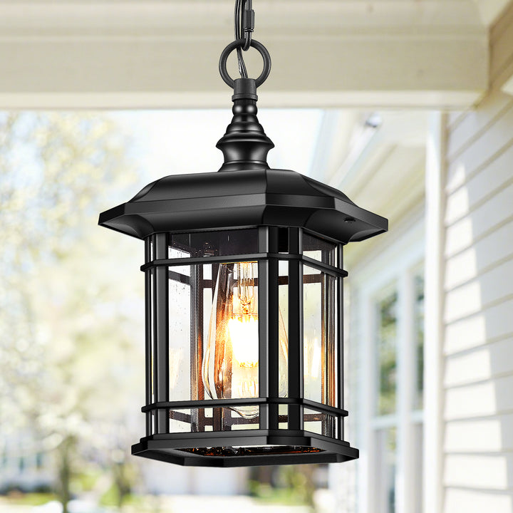 VIANIS Black Outdoor Pendant Light with Seeded Glass Shade