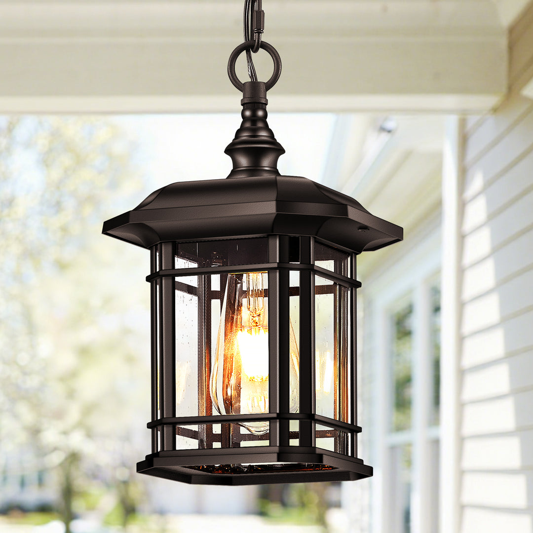 VIANIS Black Outdoor Pendant Light with Seeded Glass Shade