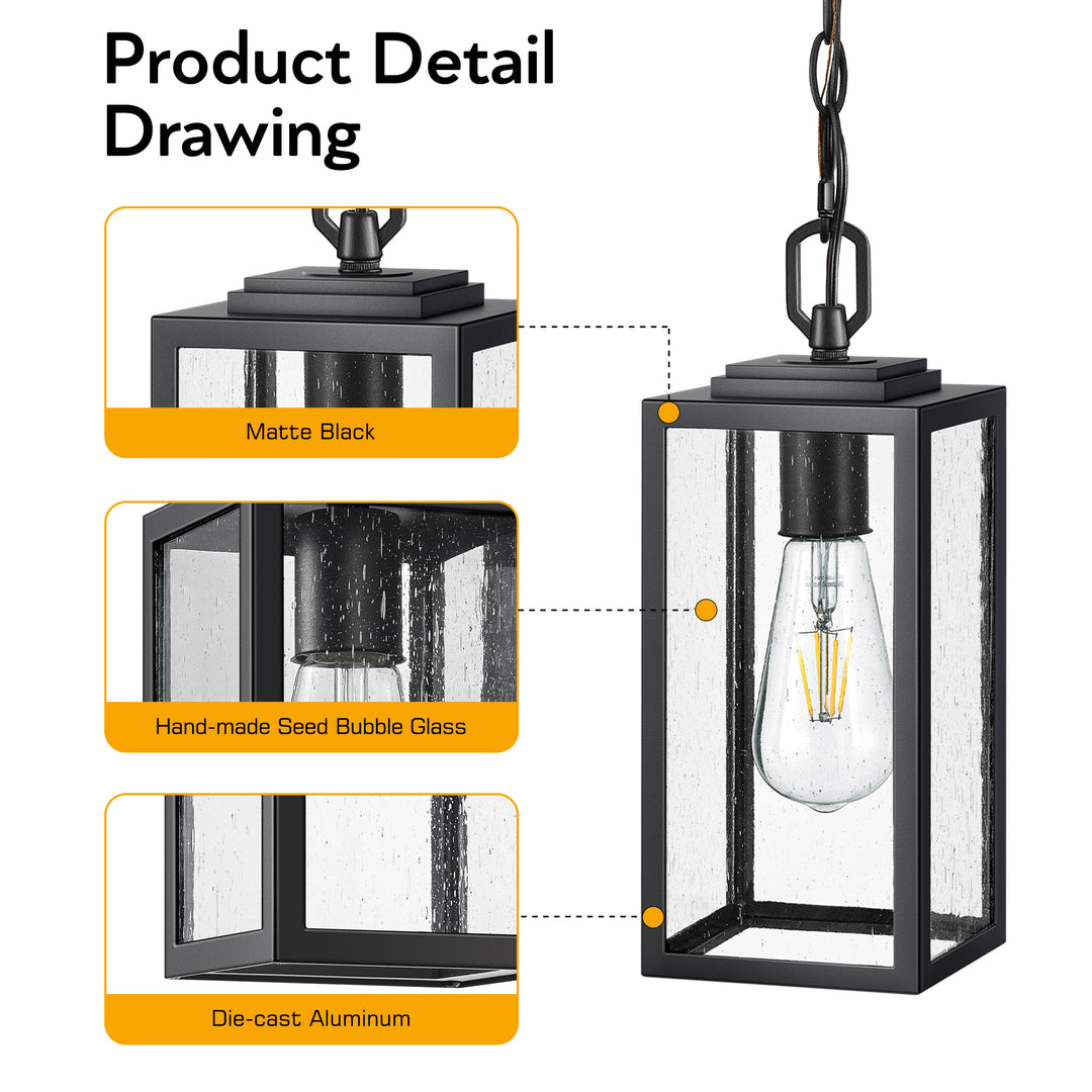 VIANIS Outdoor Hanging Porch Light with Tempered Seeded Glass