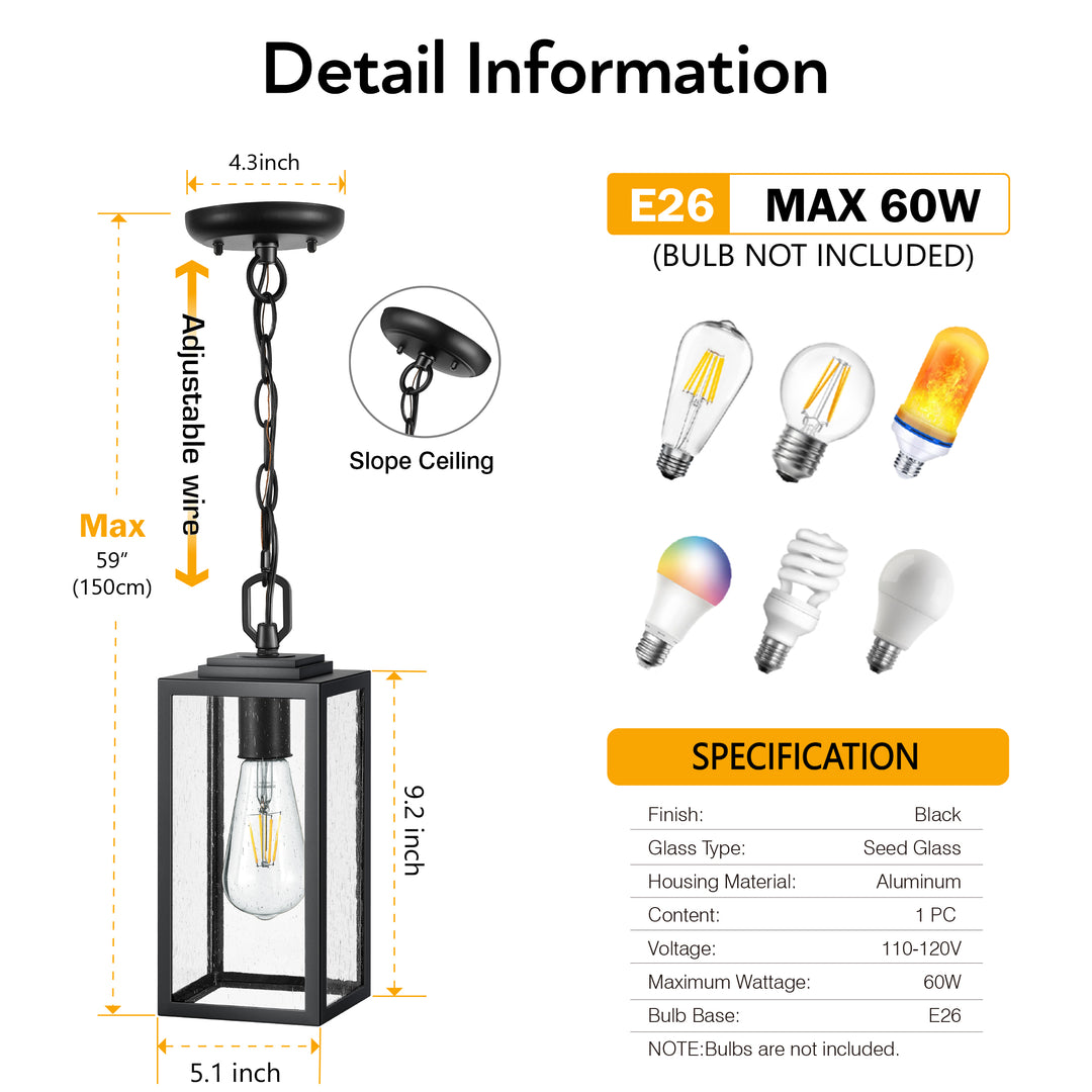 VIANIS Outdoor Hanging Porch Light with Tempered Seeded Glass