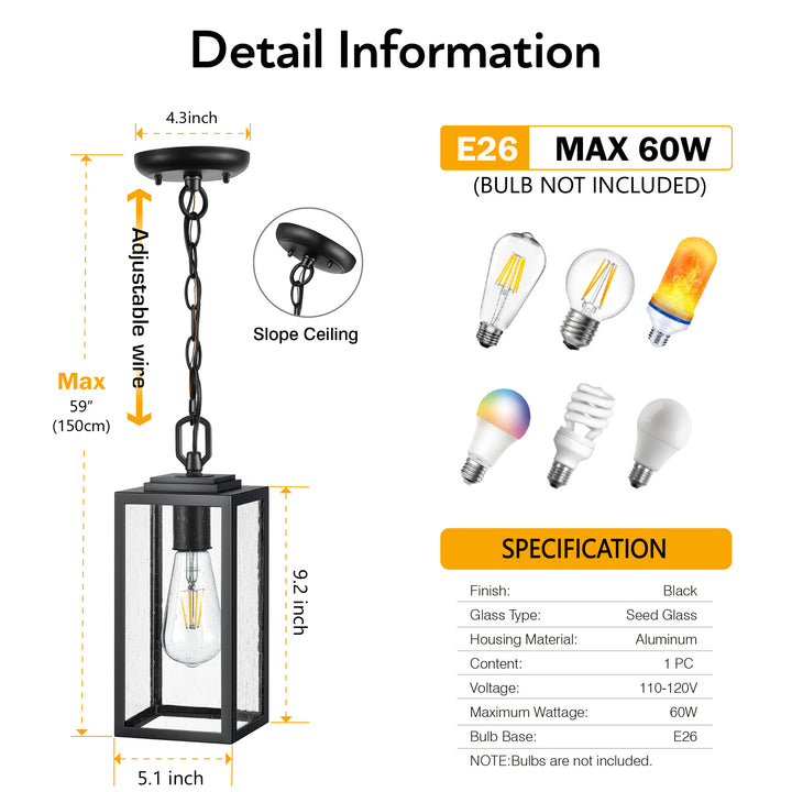 VIANIS Outdoor Hanging Porch Light with Tempered Seeded Glass