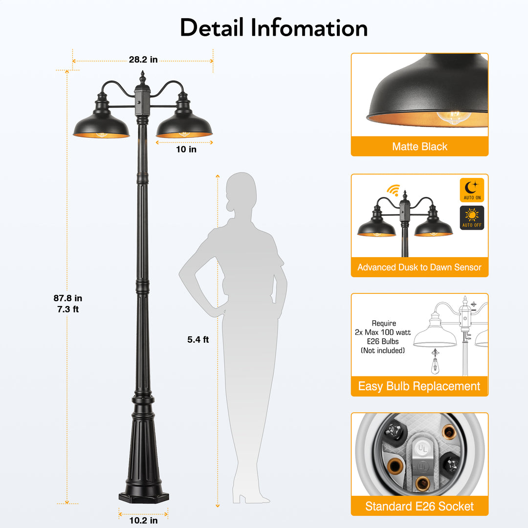 VIANIS Dusk to Dawn Outdoor Post Light with Outlet 2-Head