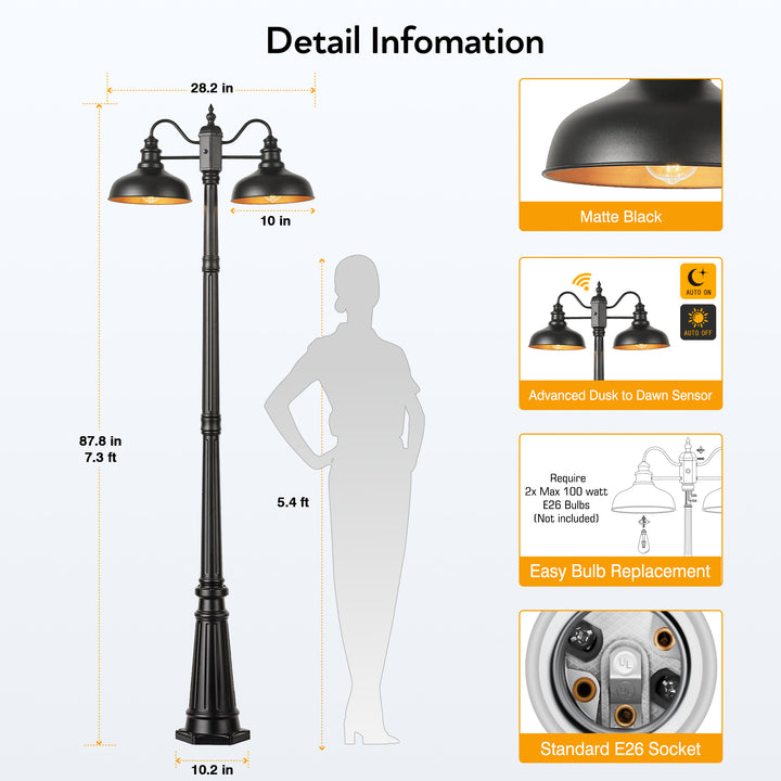 VIANIS Dusk to Dawn Outdoor Post Light with Outlet 2-Head